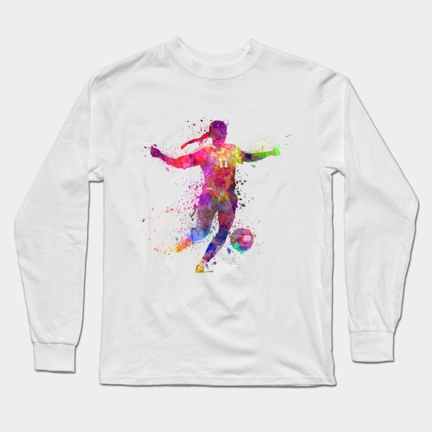 Girl playing soccer football player silhouette Long Sleeve T-Shirt by PaulrommerArt